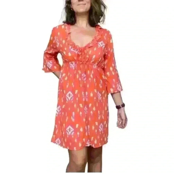 Mud Pie Bag Lady Size Medium Linen Dress Orange Pink Sinched Waist Beachy Costal - Picture 1 of 7